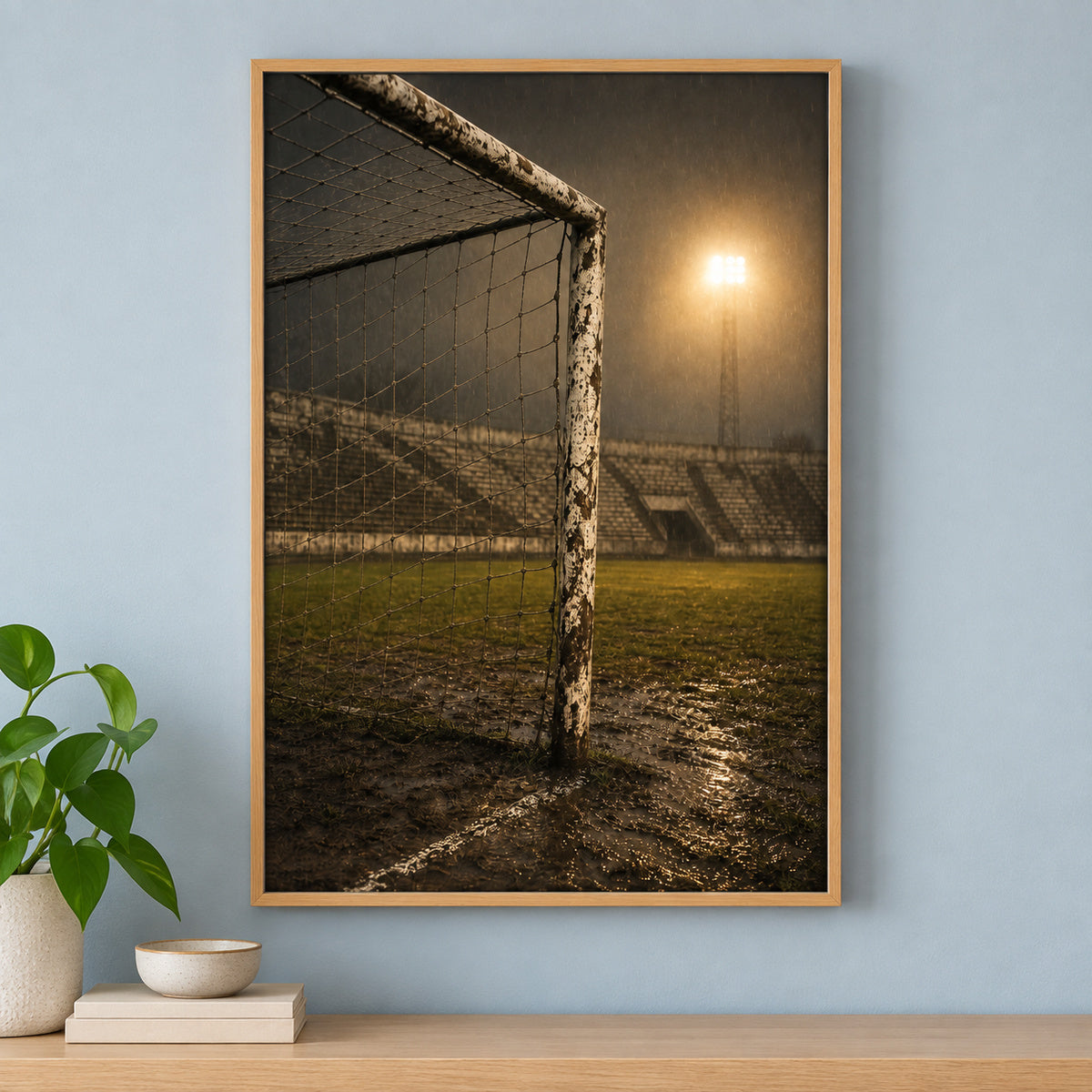 Old Goalpost Rain Soccer Canvas Painting for Game Room Decor | brown_independent_close