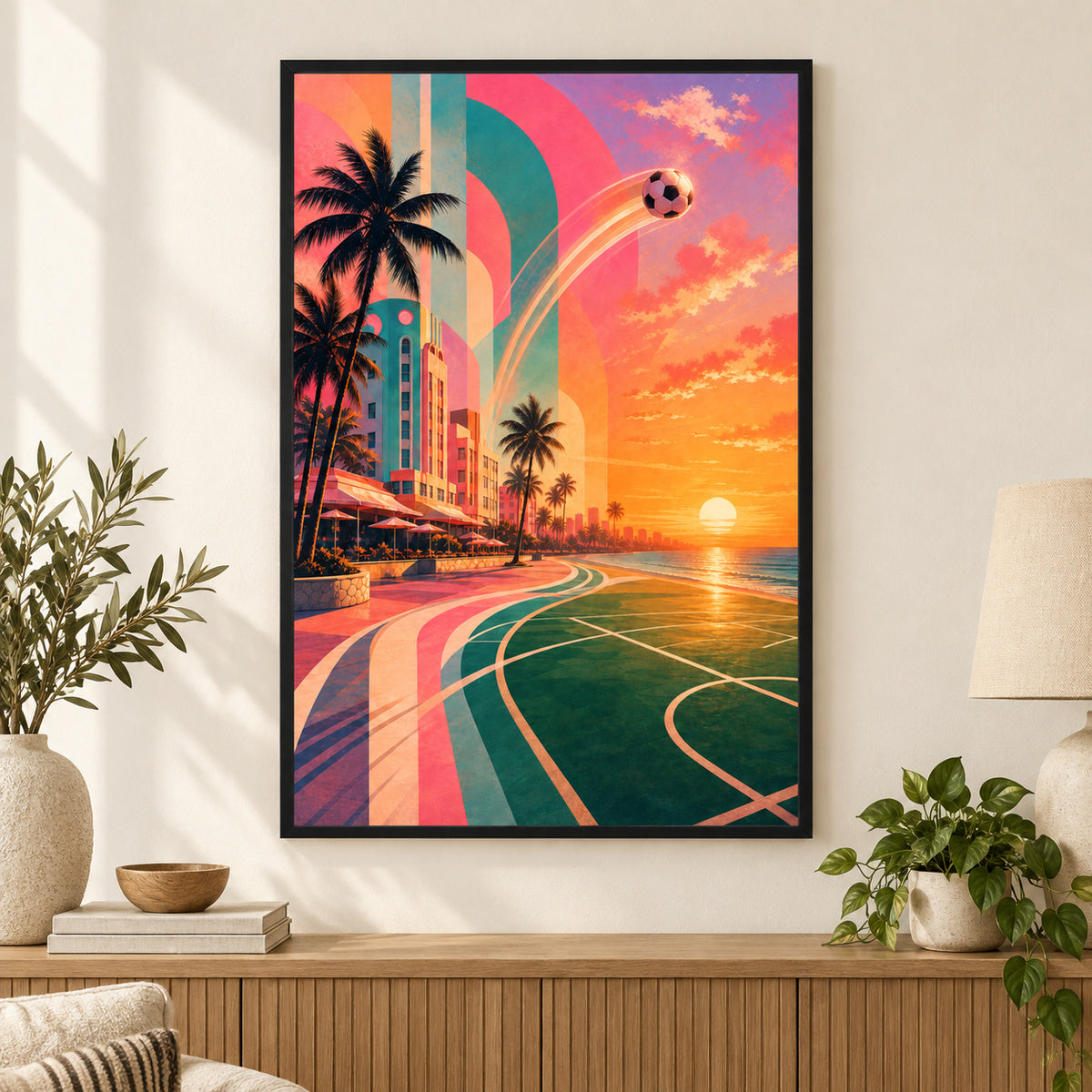 Miami Beach Sunset Soccer Sports Canvas Painting Wall Decor | black_independent_close