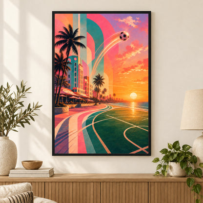 Miami Beach Sunset Soccer Sports Canvas Painting Wall Decor | black_independent_close
