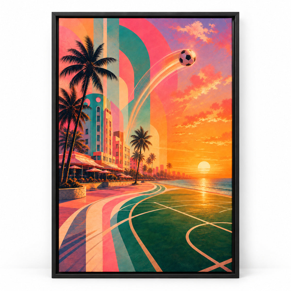 Miami Beach Sunset Soccer Sports Canvas Painting Wall Decor | black_sku
