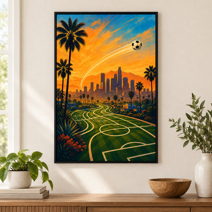 Los Angeles Palm Skyline Soccer Canvas Painting Wall Decor | black_independent_close