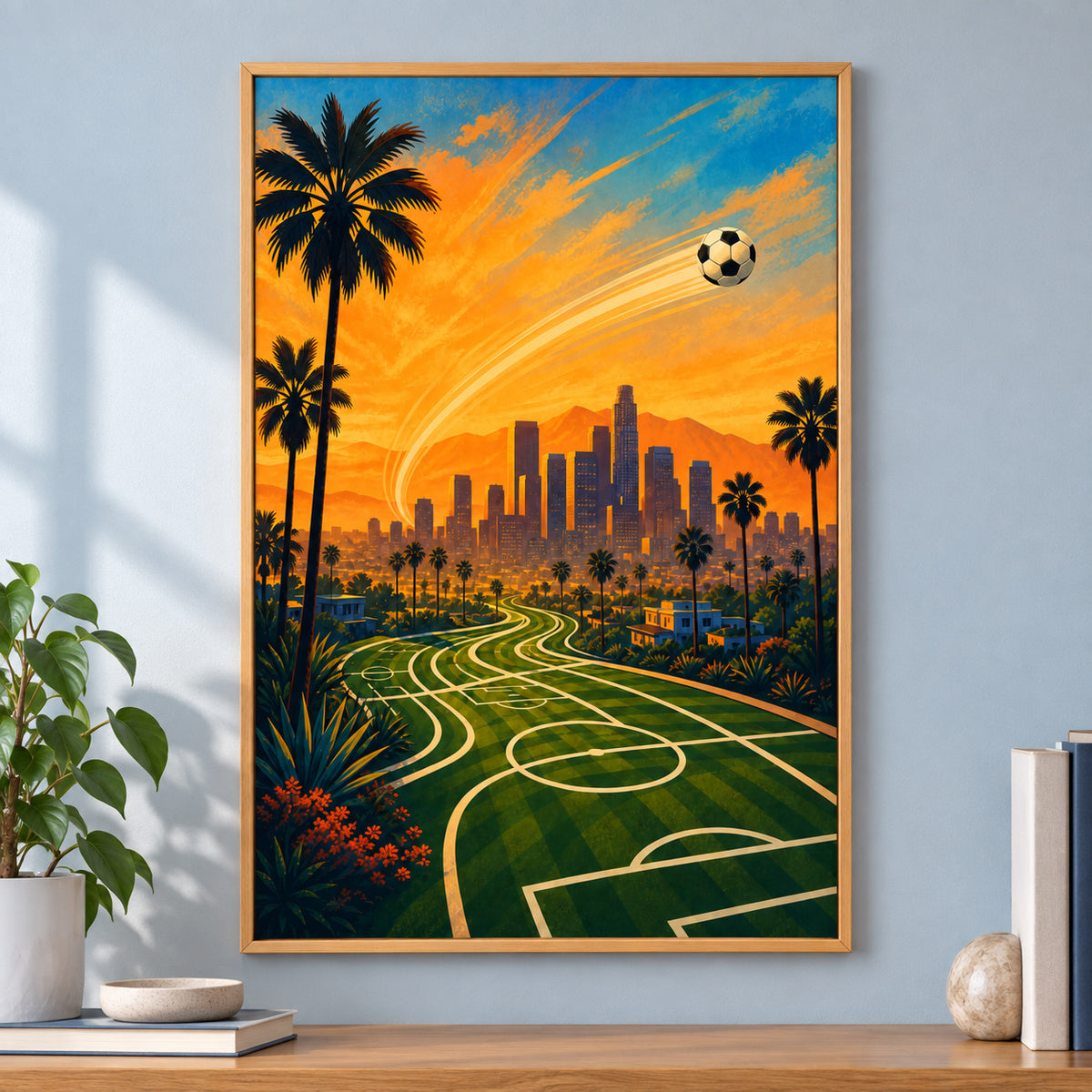 Los Angeles Palm Skyline Soccer Canvas Painting Wall Decor | brown_independent_close