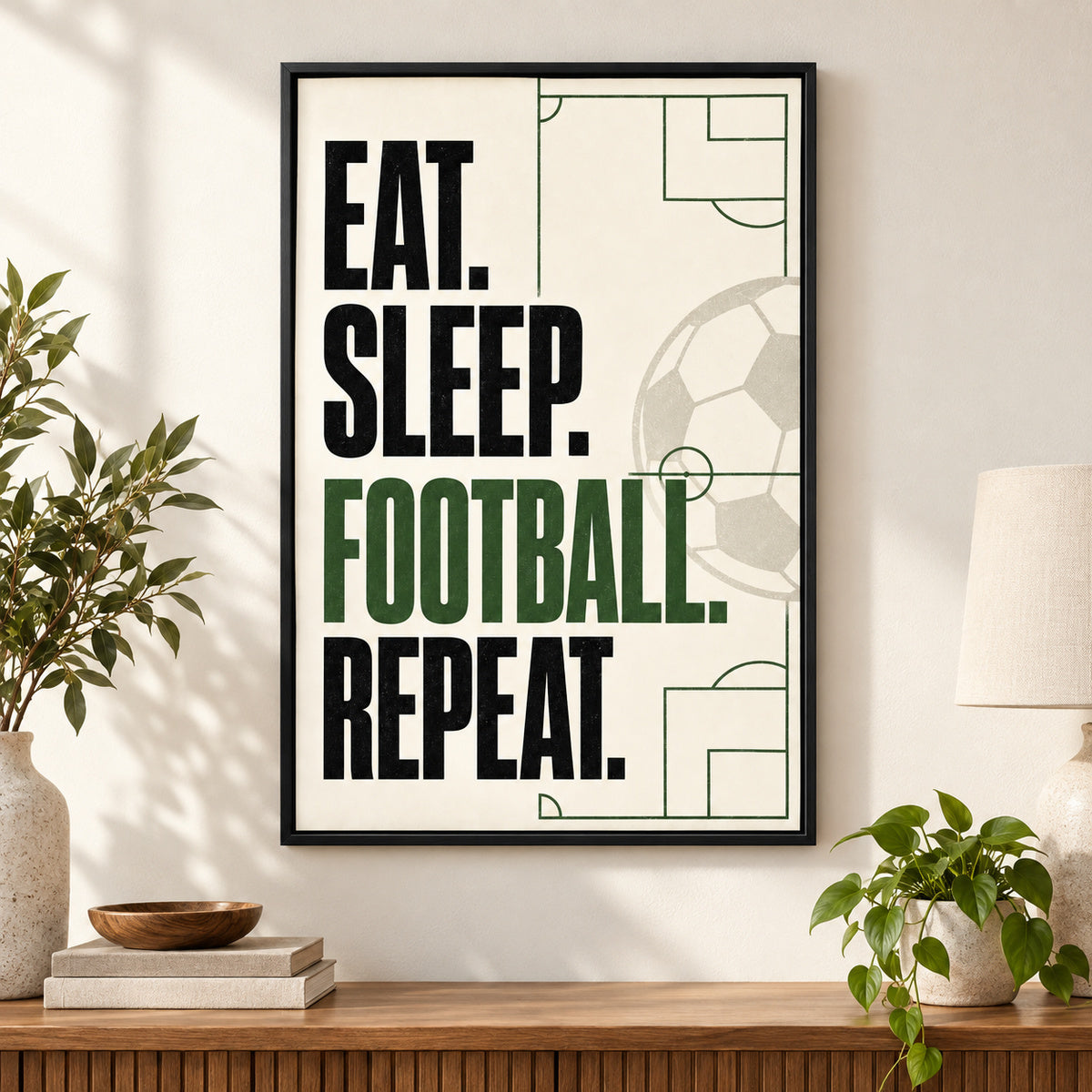 Eat Sleep Football Repeat Typography Canvas Wall Art | black_independent_close