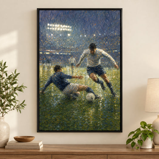 Impressionist Rain Tackle Soccer Canvas Painting Wall Decor | black_independent_close