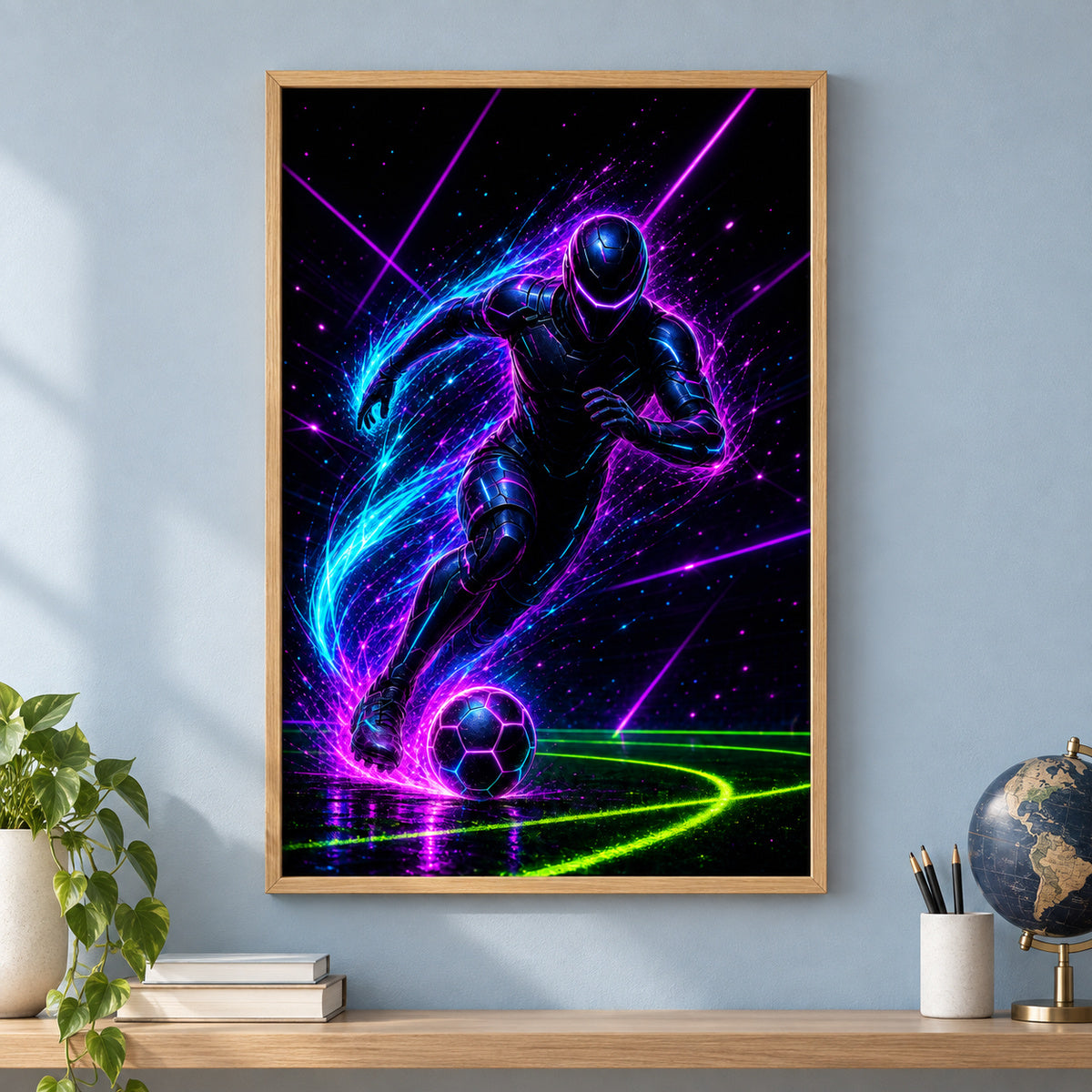 Neon Dribble Light Burst Soccer Canvas Painting Wall Decor | brown_independent_close