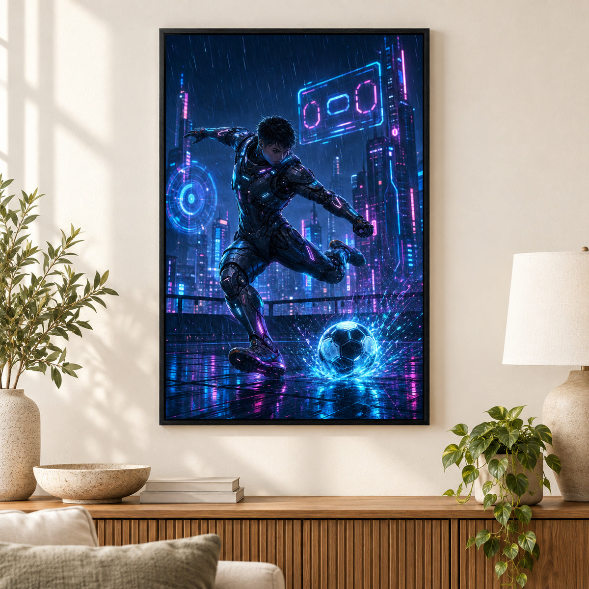 Mecha Rooftop Soccer Canvas Painting for Game Room Decor | black_independent_close