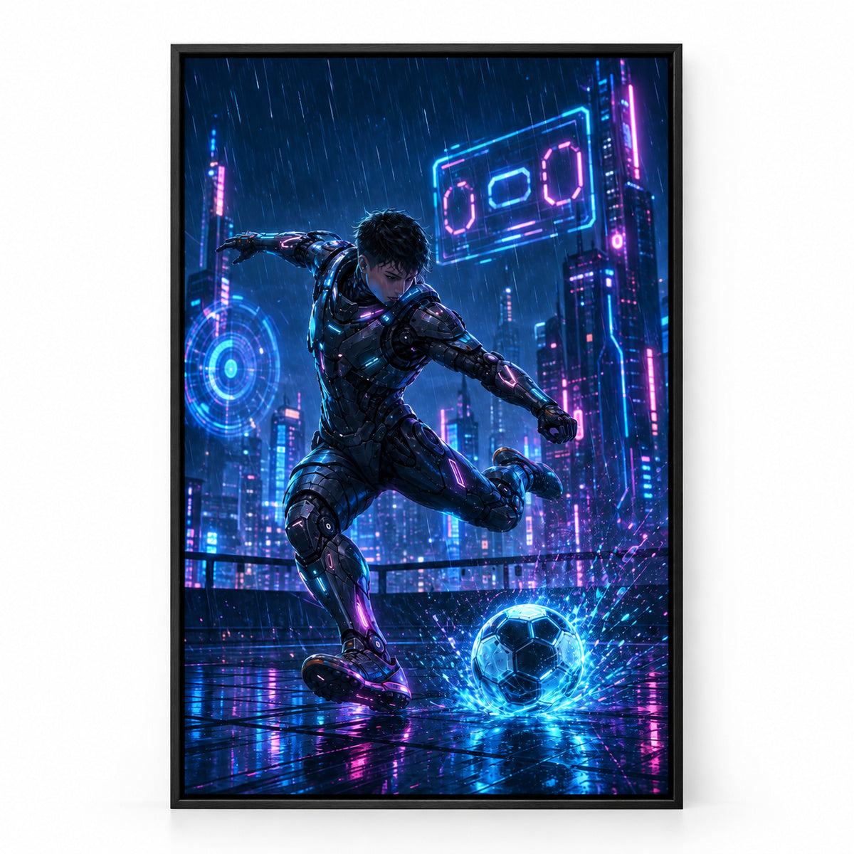 Mecha Rooftop Soccer Canvas Painting for Game Room Decor | black_sku