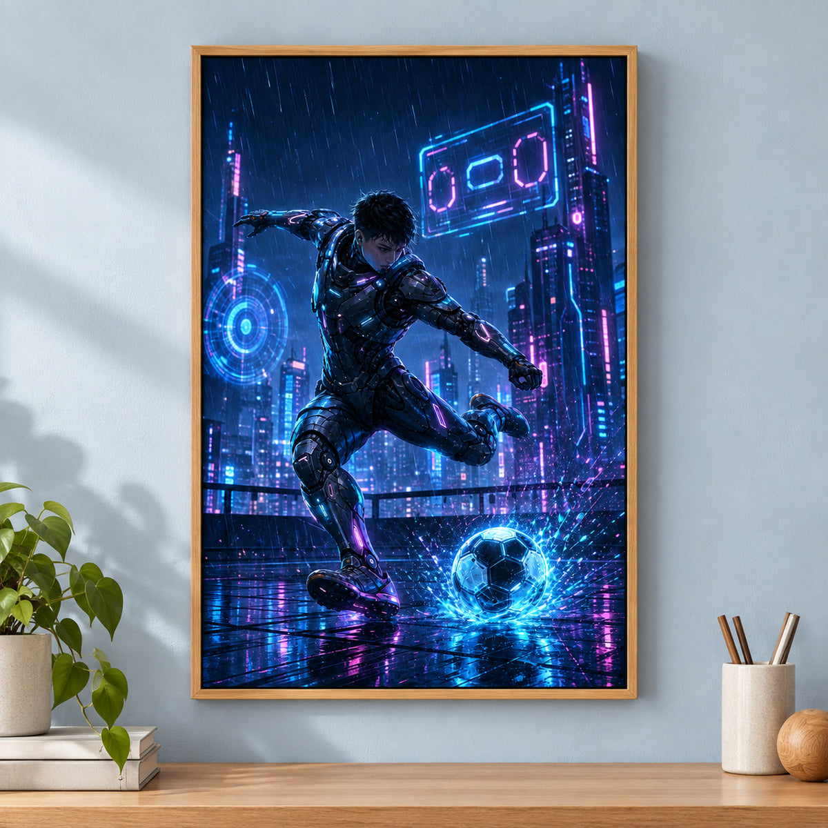 Mecha Rooftop Soccer Canvas Painting for Game Room Decor | brown_independent_close