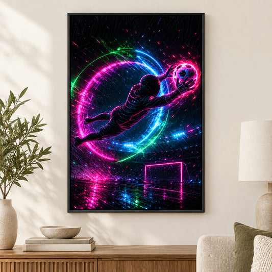 Neon Keeper Save Soccer Canvas Painting for Game Room Decor | black_independent_close