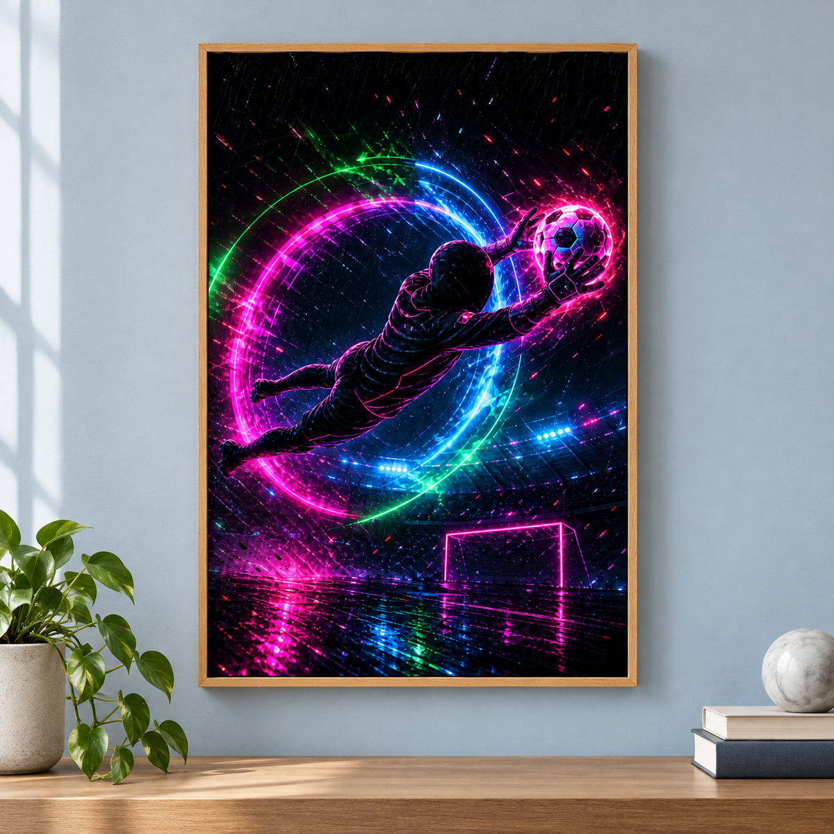 Neon Keeper Save Soccer Canvas Painting for Game Room Decor | brown_independent_close