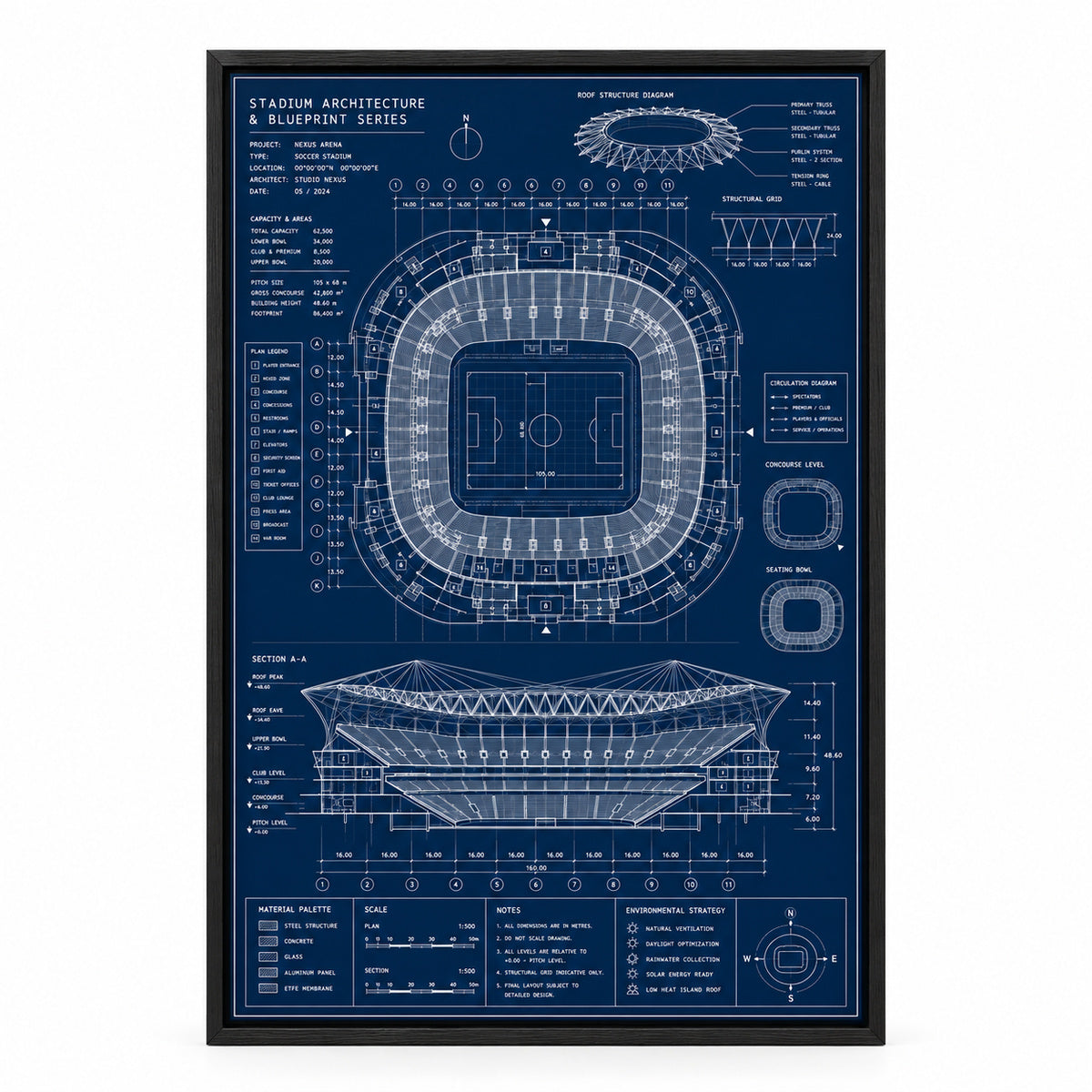 Blueprint Grand Stadium Cutaway Canvas Painting Wall Decor | black_sku