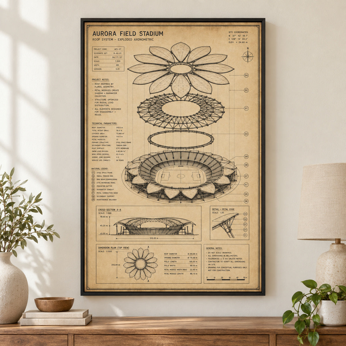 Kraft Paper Stadium Roof Blueprint Canvas Wall Art | black_independent_close