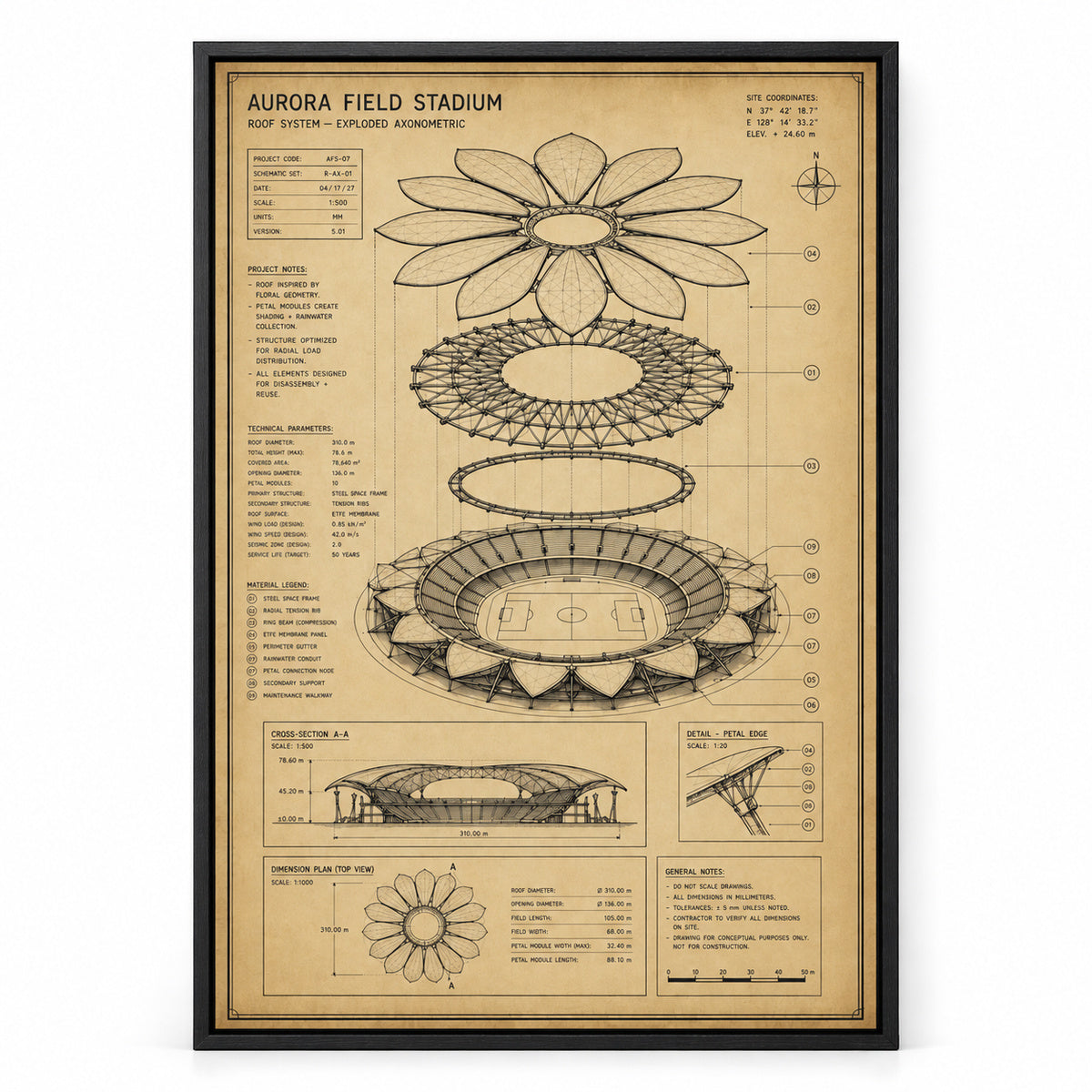 Kraft Paper Stadium Roof Blueprint Canvas Wall Art | black_sku