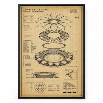 Kraft Paper Stadium Roof Blueprint Canvas Wall Art | black_sku