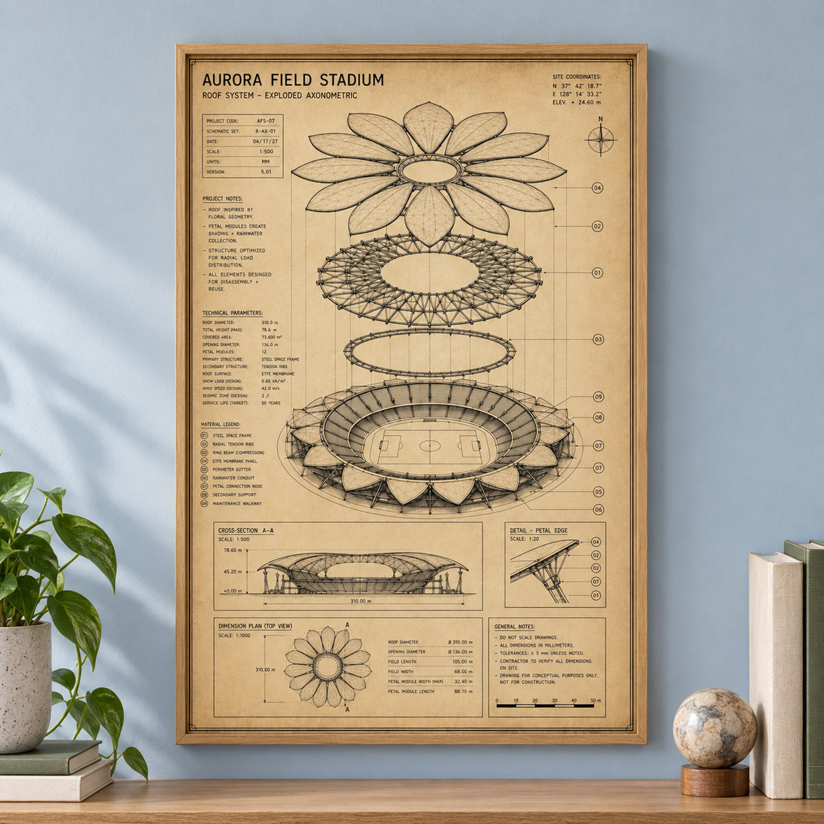 Kraft Paper Stadium Roof Blueprint Canvas Wall Art | brown_independent_close