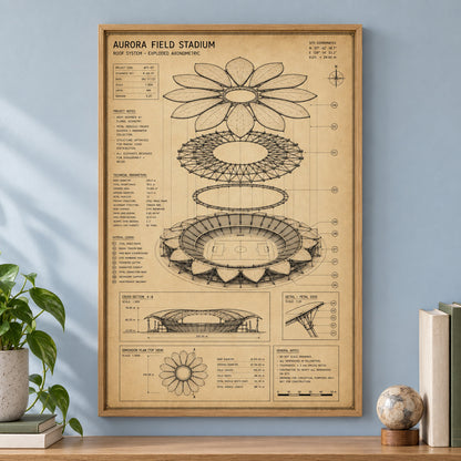 Kraft Paper Stadium Roof Blueprint Canvas Wall Art | brown_independent_close
