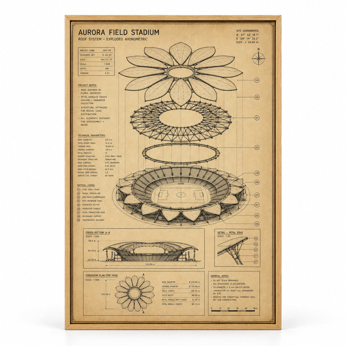 Kraft Paper Stadium Roof Blueprint Canvas Wall Art | brown_sku