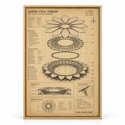 Kraft Paper Stadium Roof Blueprint Canvas Wall Art | brown_sku
