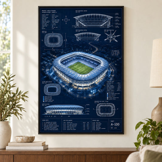 Night Stadium Blueprint Overlay Canvas Painting Wall Decor | black_independent_close