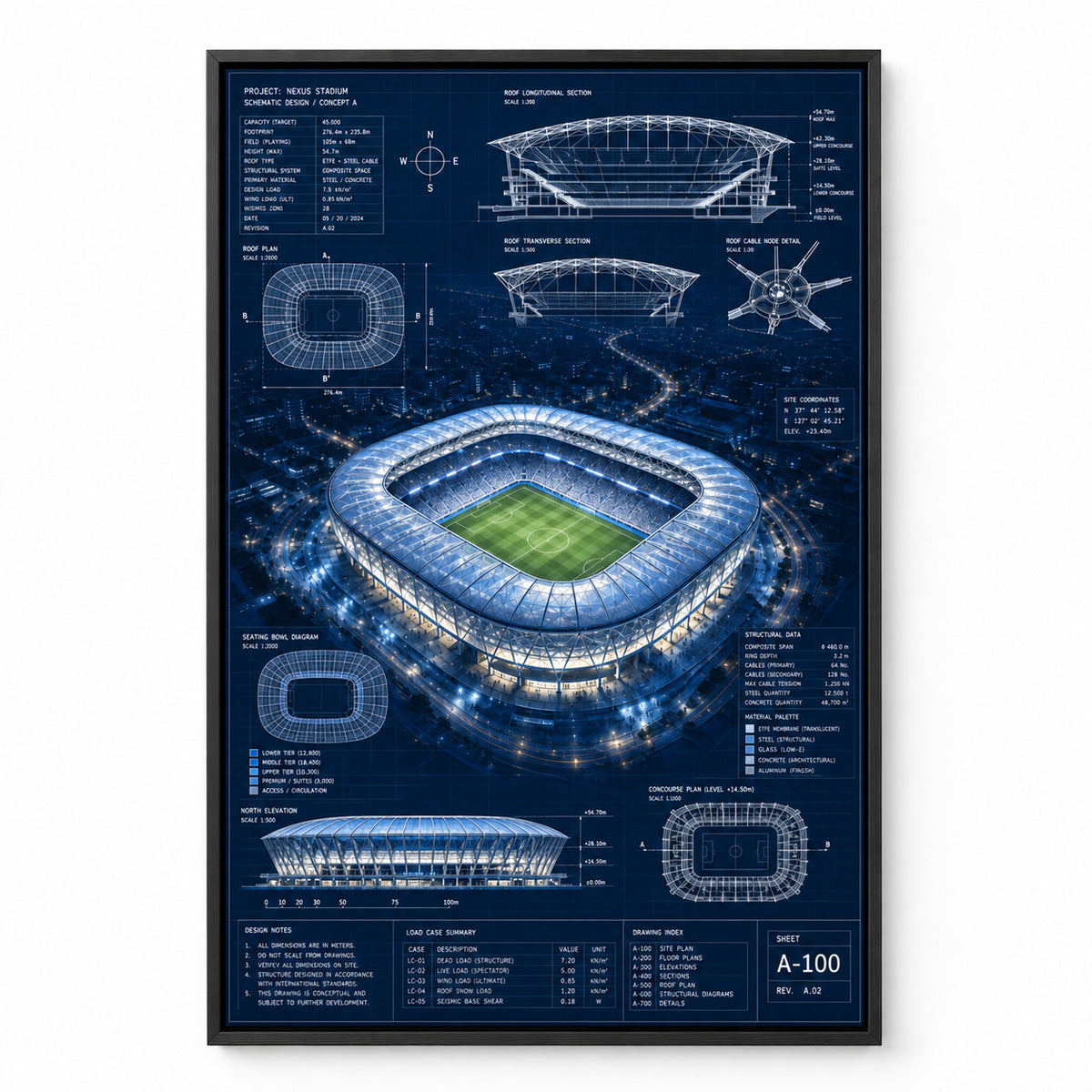 Night Stadium Blueprint Overlay Canvas Painting Wall Decor | black_sku