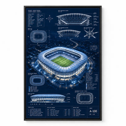 Night Stadium Blueprint Overlay Canvas Painting Wall Decor | black_sku