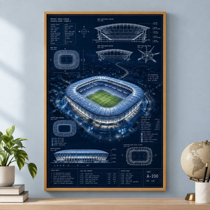 Night Stadium Blueprint Overlay Canvas Painting Wall Decor | brown_independent_close
