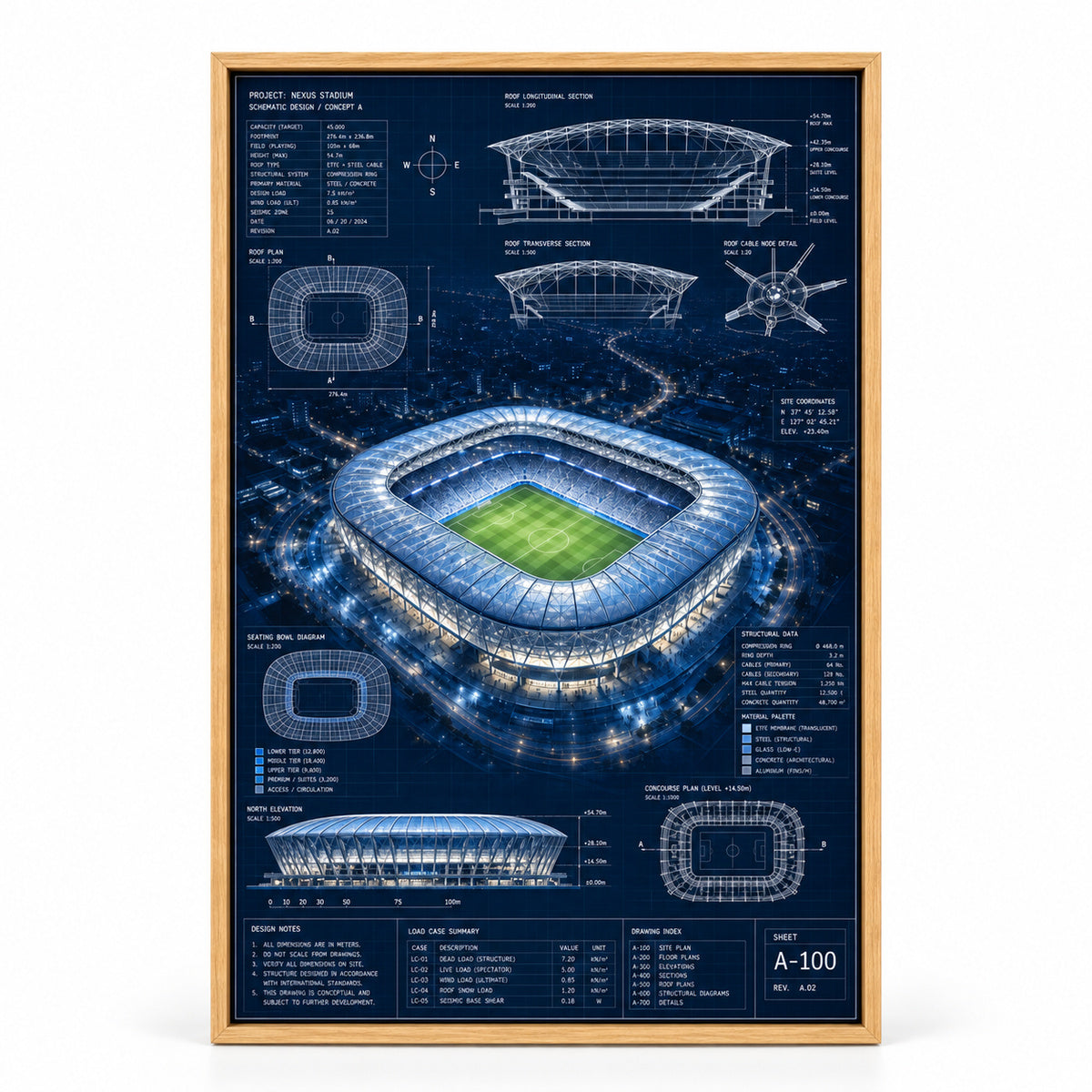 Night Stadium Blueprint Overlay Canvas Painting Wall Decor | brown_sku