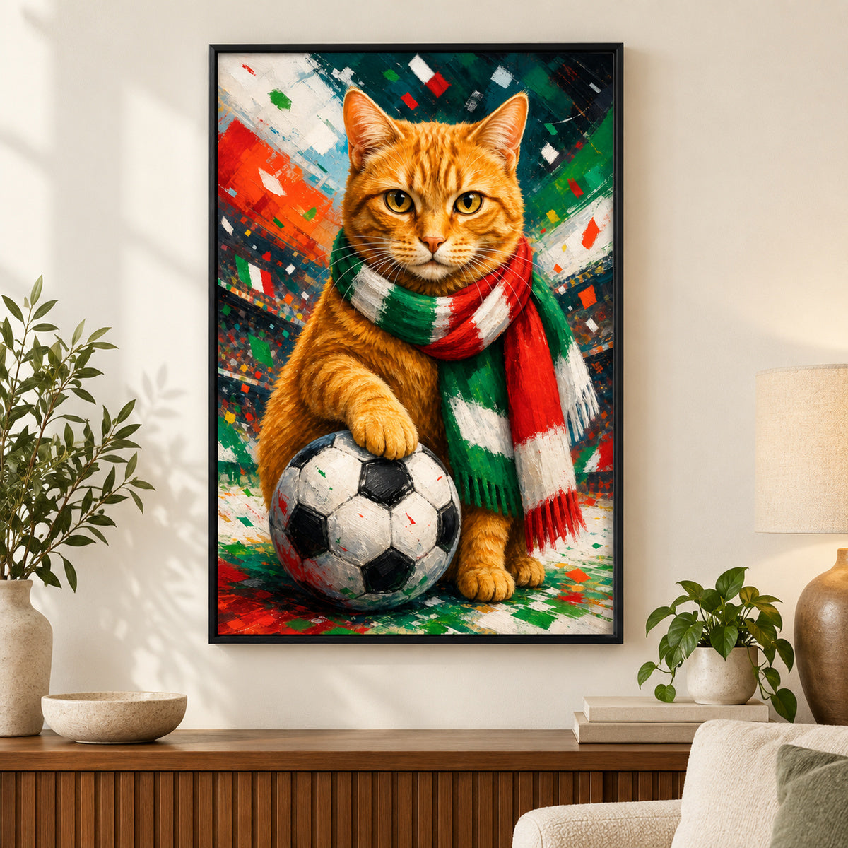 Orange Tabby Soccer Fan Canvas Painting for Game Room Decor | black_independent_close