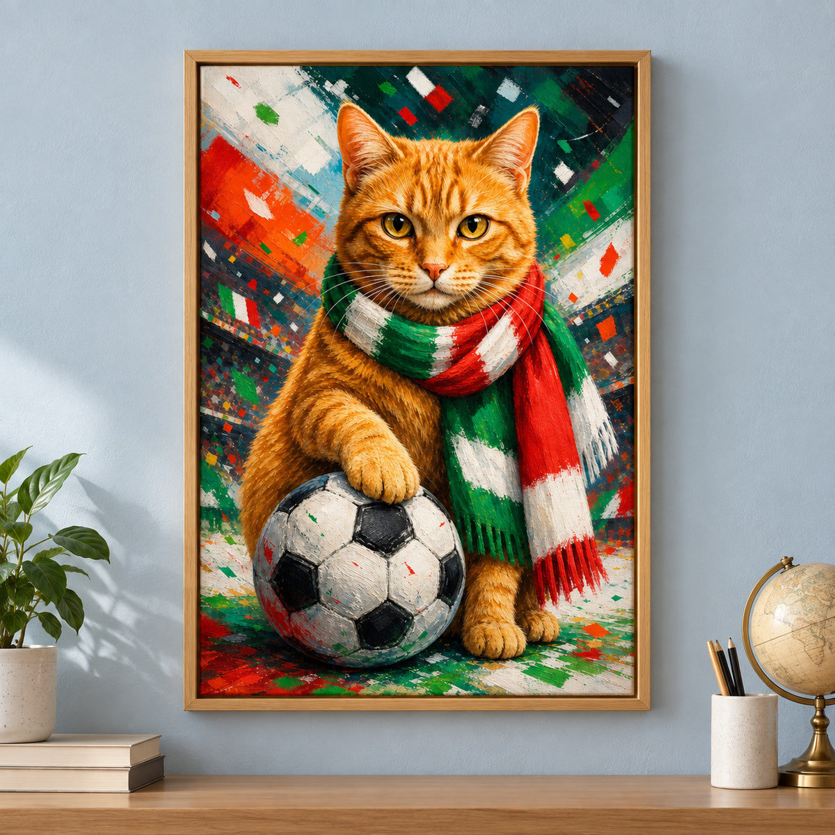 Orange Tabby Soccer Fan Canvas Painting for Game Room Decor | brown_independent_close