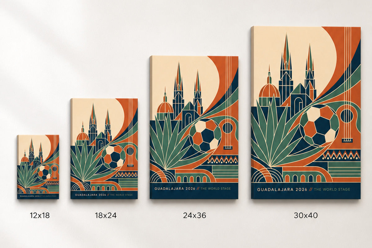 Guadalajara 2026 World Stage Soccer Canvas Wall Art size comparison