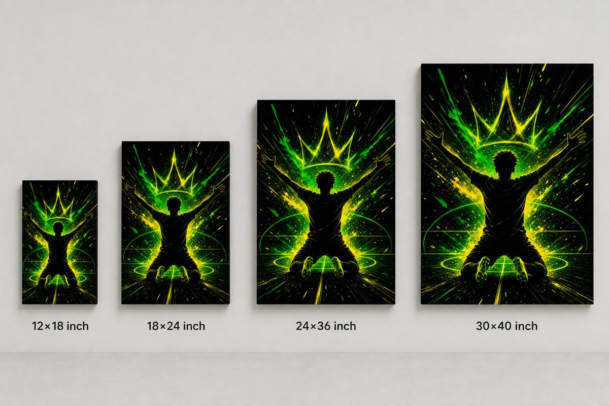 Neon Crown Rising Star Soccer Silhouette Canvas Wall Art canvas size comparison