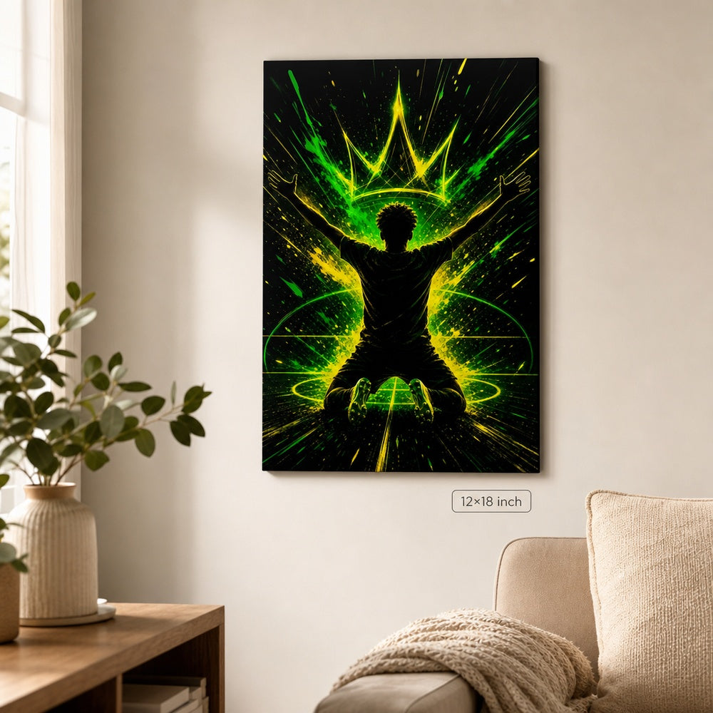 Neon Crown Rising Star Soccer Silhouette Canvas Wall Art 12×18 inch thin wrapped canvas wall mockup
