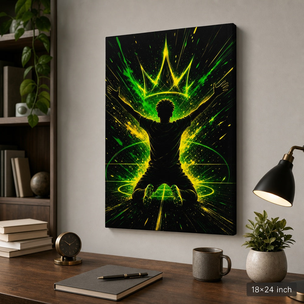 Neon Crown Rising Star Soccer Silhouette Canvas Wall Art 18×24 inch wrapped canvas wall mockup