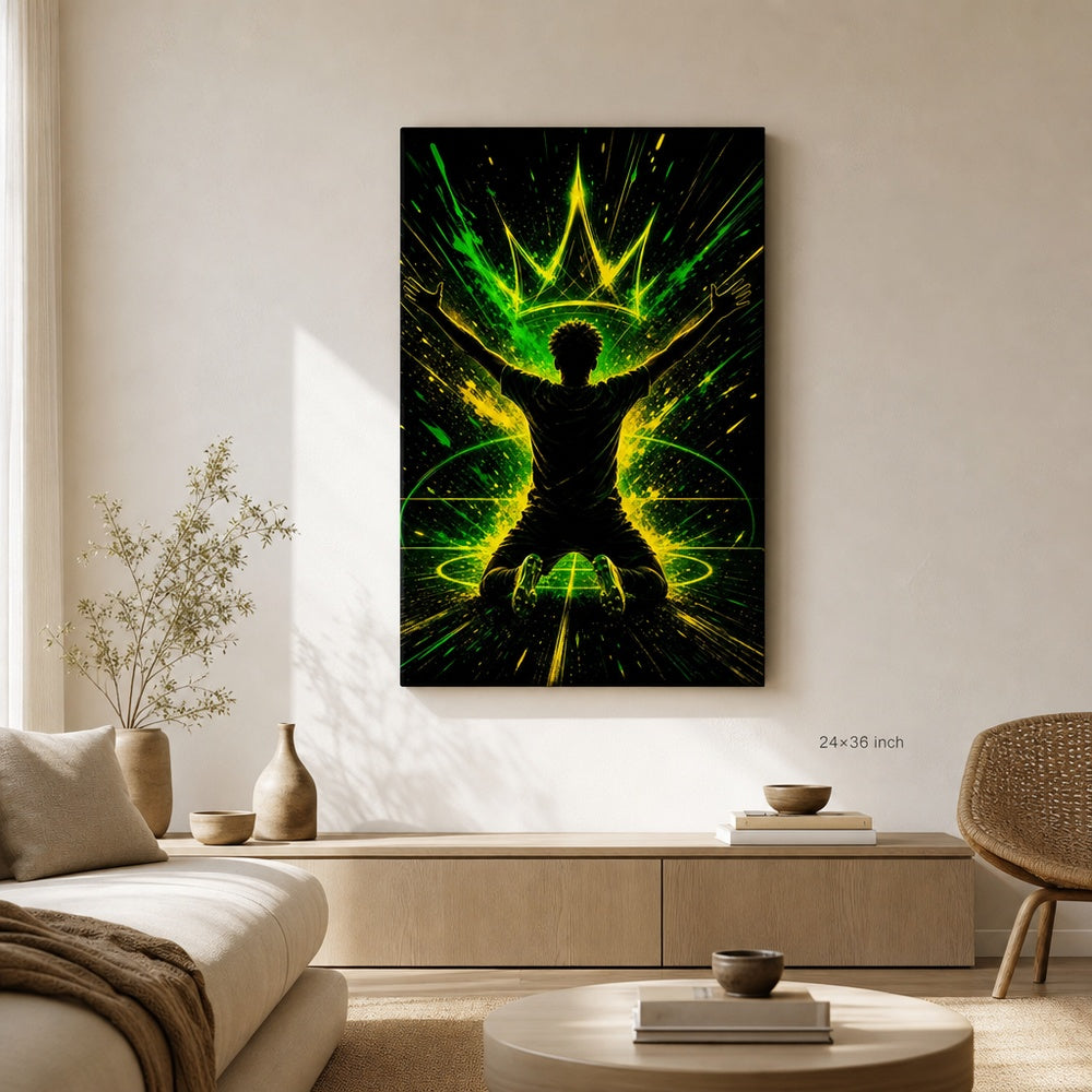 Neon Crown Rising Star Soccer Silhouette Canvas Wall Art 24×36 inch wrapped canvas wall mockup