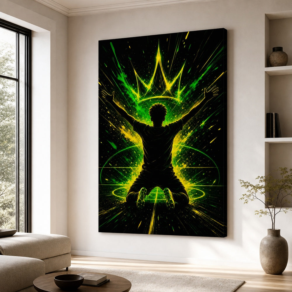 Neon Crown Rising Star Soccer Silhouette Canvas Wall Art 30×40 inch wrapped canvas wall mockup
