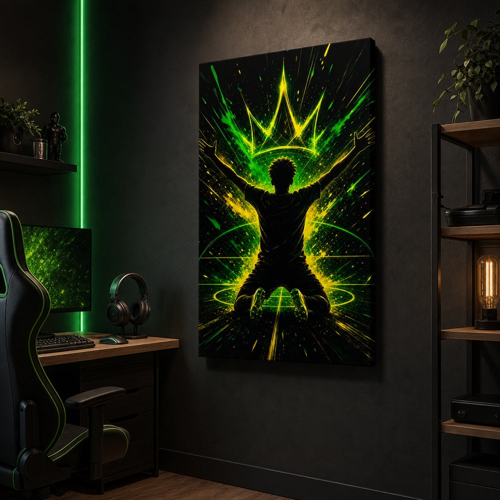 Neon Crown Rising Star Soccer Silhouette Canvas Wall Art alternate room wall mockup