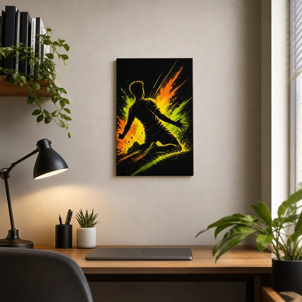 Knee Slide Rising Star Soccer Silhouette Canvas Wall Art 12×18 inch thin wrapped canvas wall mockup