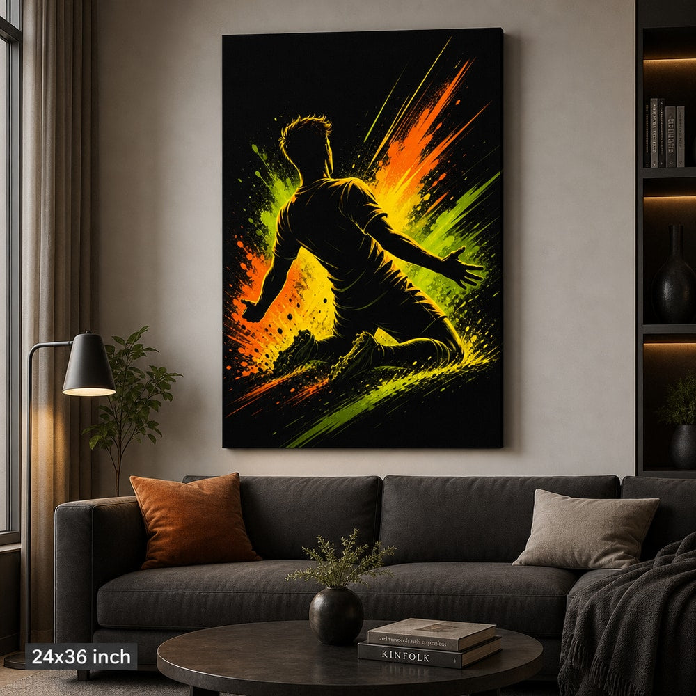 Knee Slide Rising Star Soccer Silhouette Canvas Wall Art 24×36 inch wrapped canvas wall mockup