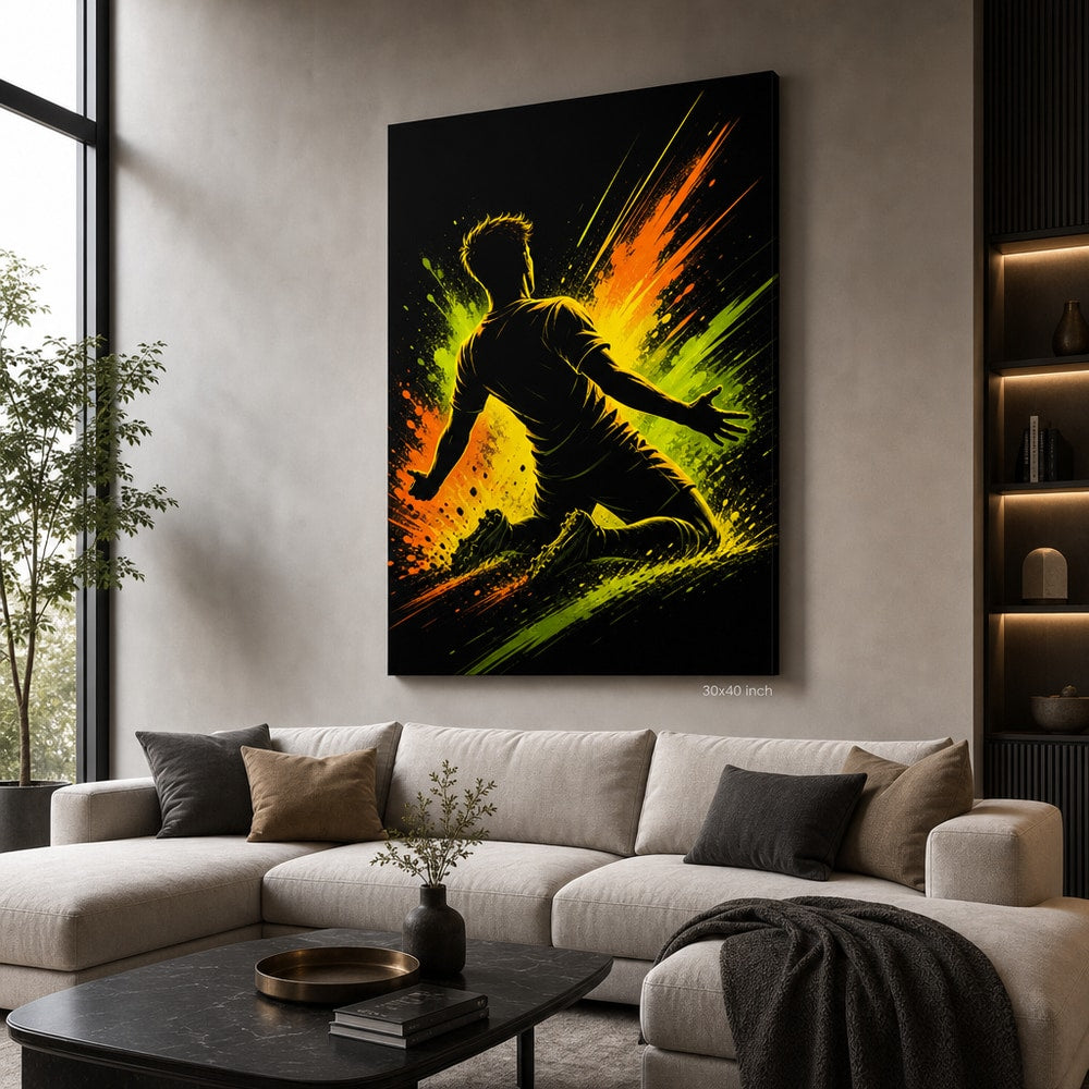 Knee Slide Rising Star Soccer Silhouette Canvas Wall Art 30×40 inch wrapped canvas wall mockup