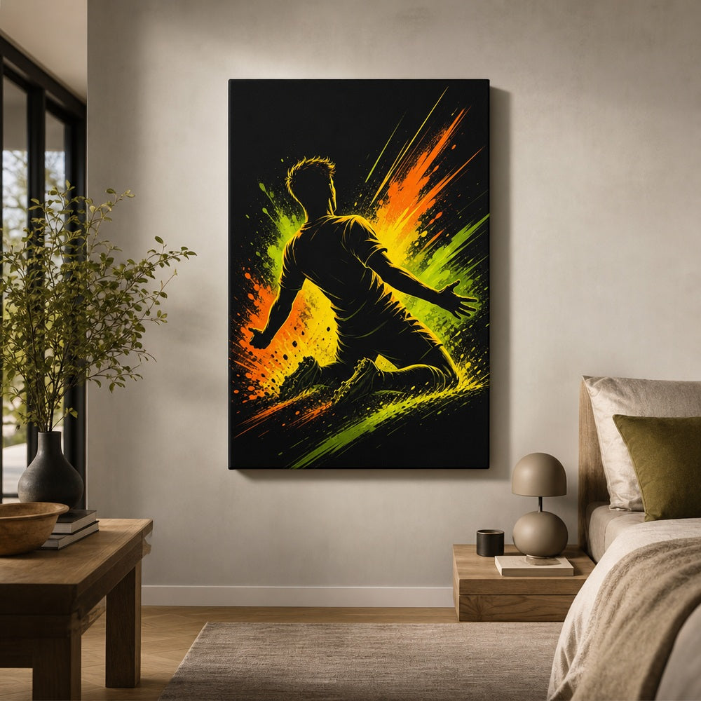Knee Slide Rising Star Soccer Silhouette Canvas Wall Art alternate room wall mockup