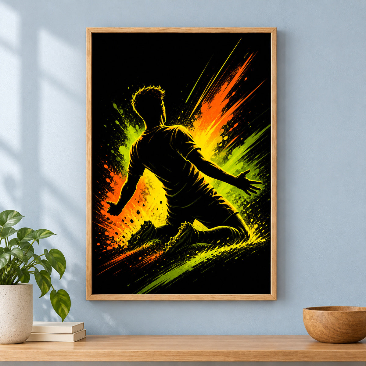 Knee Slide Rising Star Soccer Silhouette Canvas Wall Art | brown_independent_close