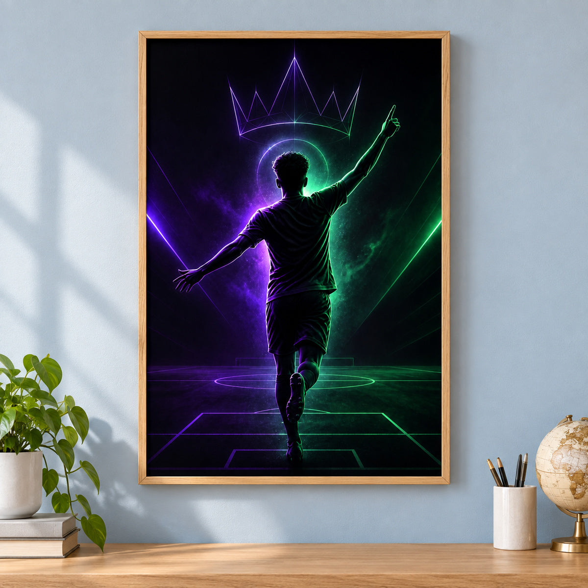 Pointing Up Rising Star Soccer Silhouette Canvas Wall Art | brown_independent_close