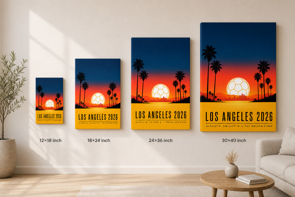 Los Angeles 2026 Golden Stage Soccer Canvas Wall Art 02 canvas size comparison