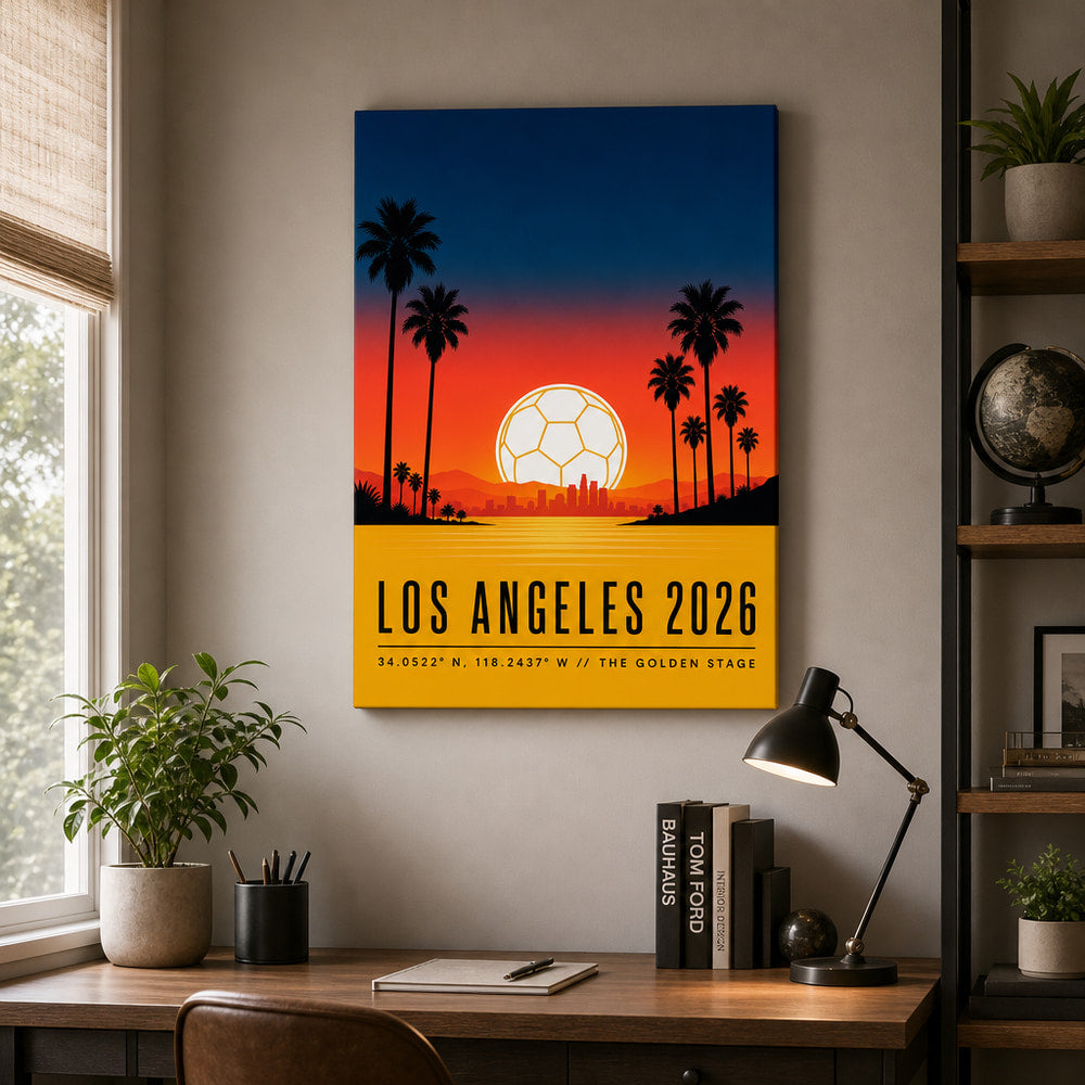 Los Angeles 2026 Golden Stage Soccer Canvas Wall Art 02 18×24 inch wrapped canvas wall mockup