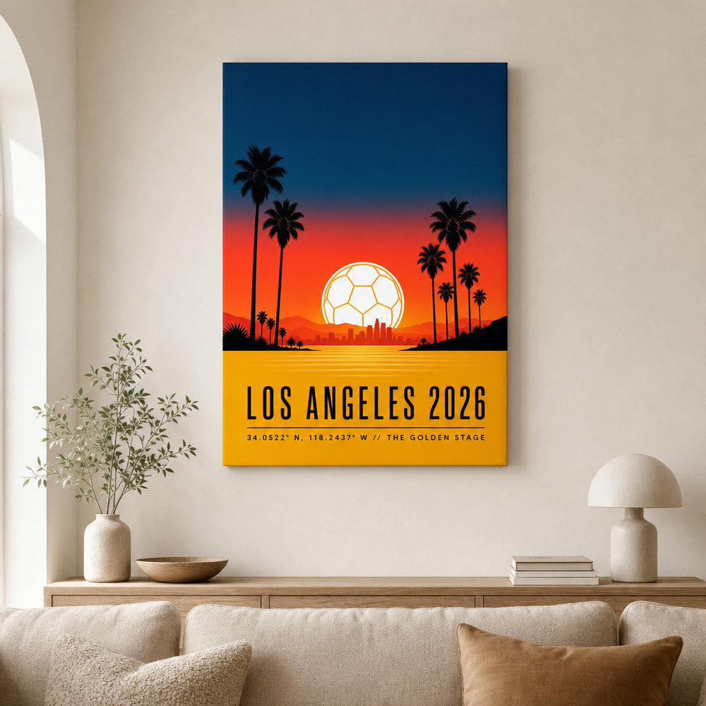 Los Angeles 2026 Golden Stage Soccer Canvas Wall Art 02 24×36 inch wrapped canvas wall mockup