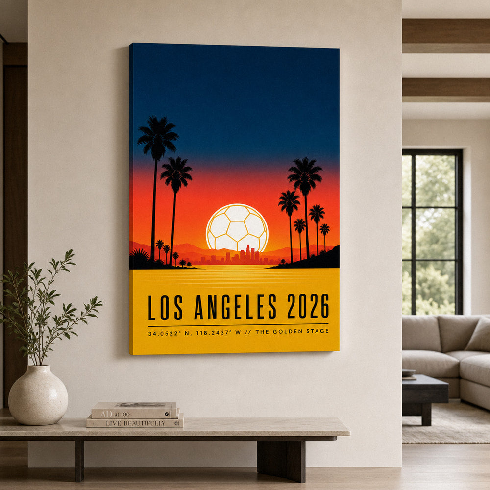 Los Angeles 2026 Golden Stage Soccer Canvas Wall Art 02 30×40 inch wrapped canvas wall mockup