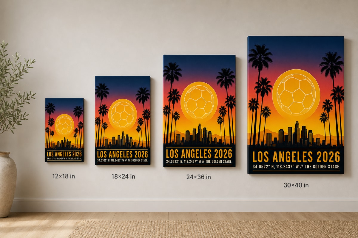 Los Angeles 2026 Golden Stage Soccer Canvas Wall Art 04 canvas size comparison