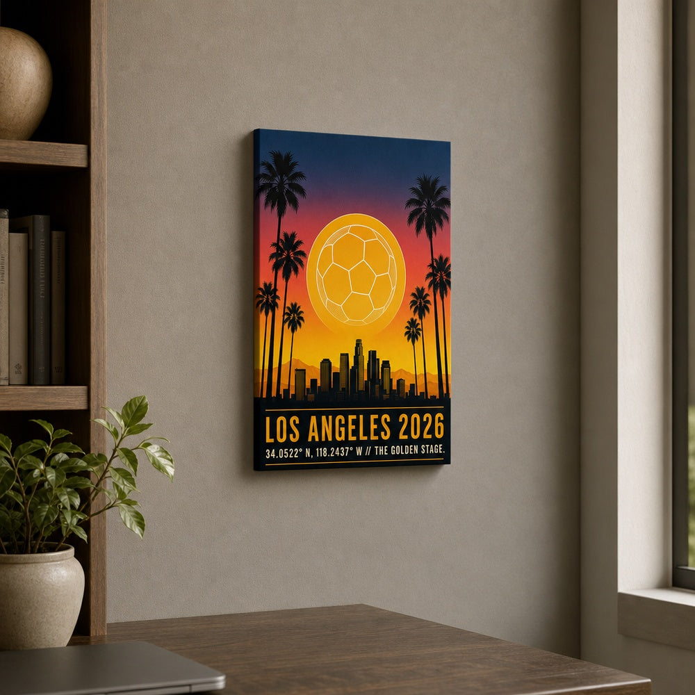 Los Angeles 2026 Golden Stage Soccer Canvas Wall Art 04 12×18 inch thin wrapped canvas wall mockup