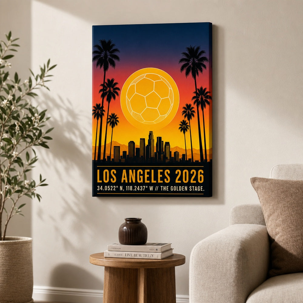 Los Angeles 2026 Golden Stage Soccer Canvas Wall Art 04 18×24 inch wrapped canvas wall mockup