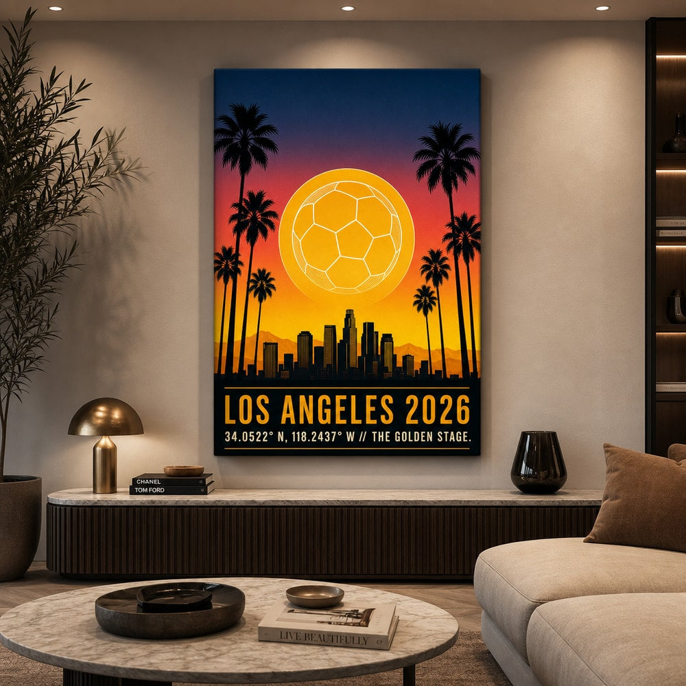 Los Angeles 2026 Golden Stage Soccer Canvas Wall Art 04 24×36 inch wrapped canvas wall mockup